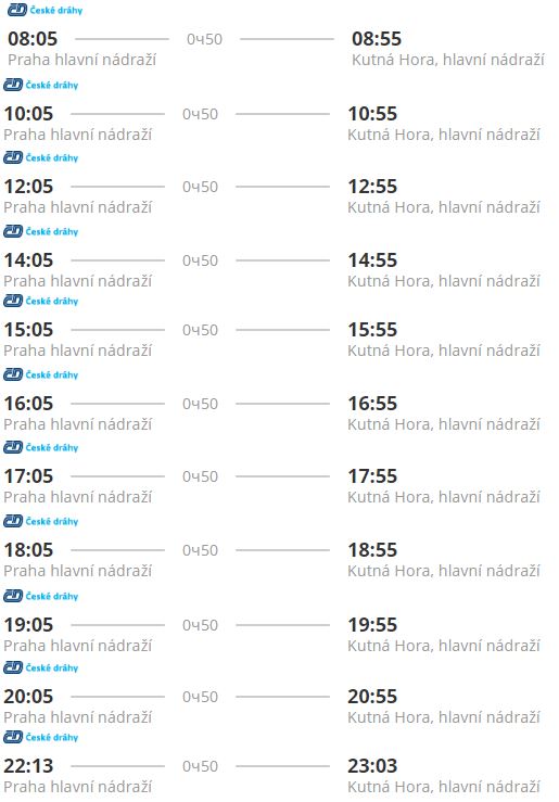 Расписание поезда из Праги в Кутна Гора