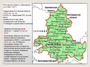 Ростовская область образована 13 сентября 1937 г. Территория Ростовской облас