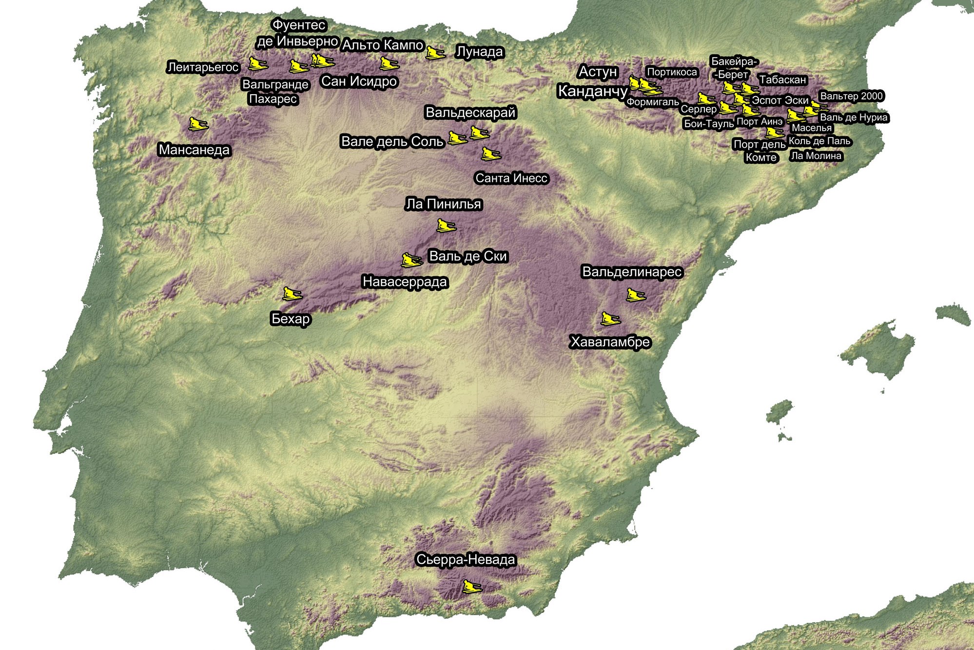 Горнолыжные курорты Испании на карте