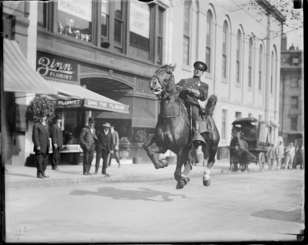 Mounted cop in action on Tremont Street