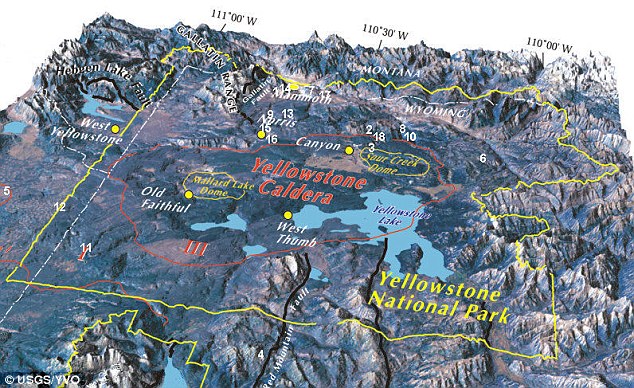 Area of outstanding natural beauty: The Yellowstone caldera (circled in red) in Wyoming is the world