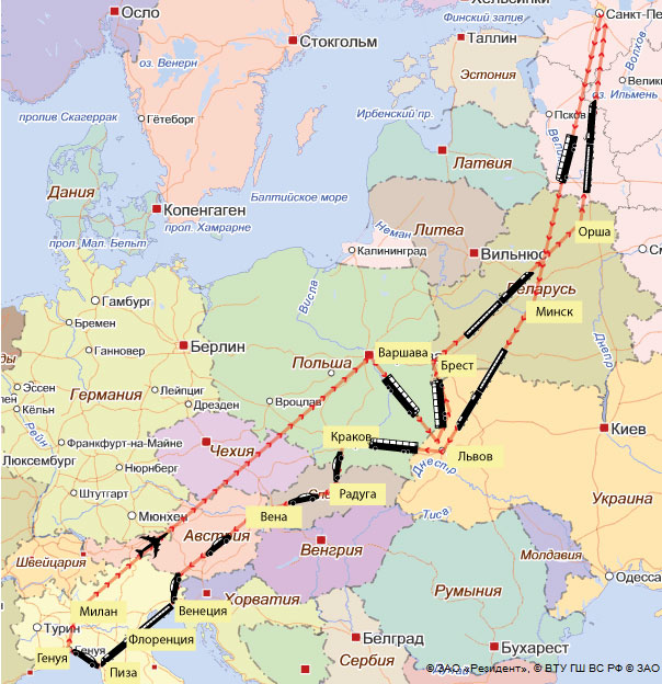 Санкт петербург брест на машине. Санкт-Петербург Минск. Вена Венеция поезд на карте. Ж-Д от Минска до Петербурга карта. Проведите на карте линию Гамбург Вена Венеция.