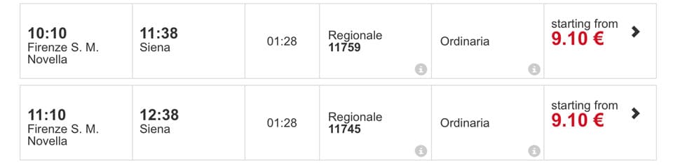 Флоренция-Сиена расписание поездов и цены билетов