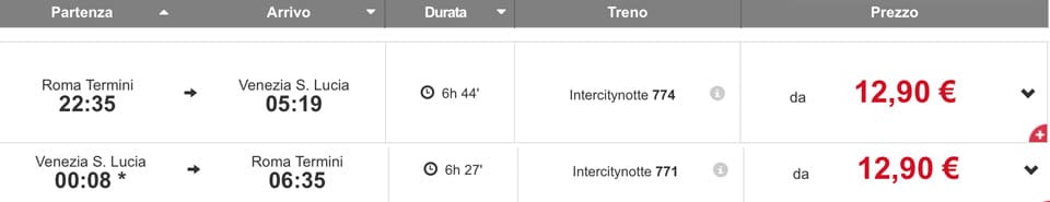 Расписание и стоимость ночных поездов из Рима в Венецию