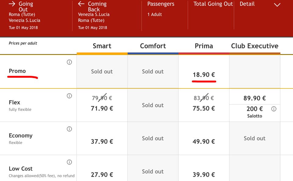 Стоимость билетов скоростных поездов ItaloTreno из Рима в Венецию 