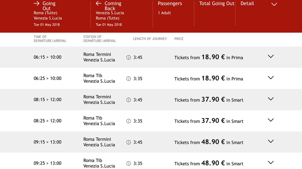 Расписание скоростных поездов ItaloTreno из Рима в Венецию