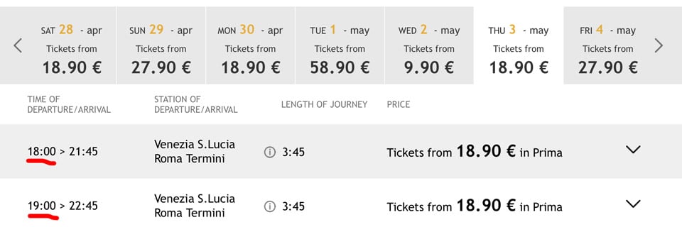 Расписание поездов ItaloTreno из Венеции в Рим