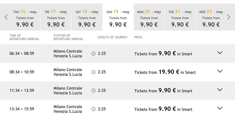Расписание поездов Италотрено из Милана до Венеции