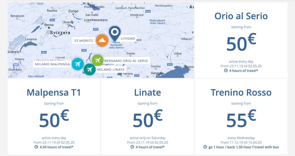 Стоимость билетов на экспресс автобус до Ливиньо из аэропортов Милана