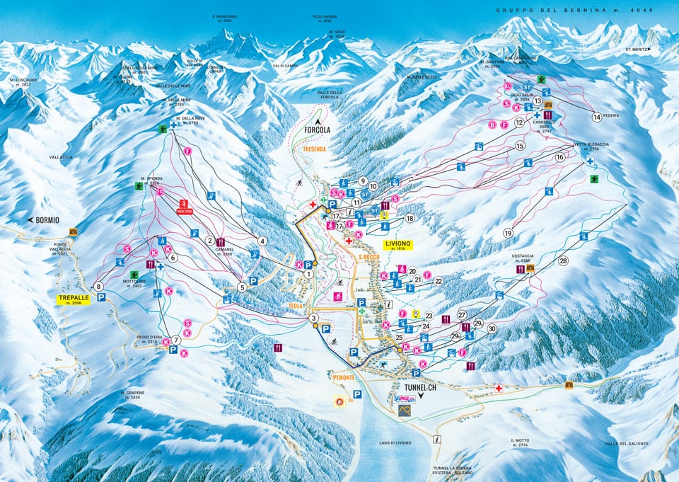 Схема трасс горнолыжный курорт Ливиньо, Италия