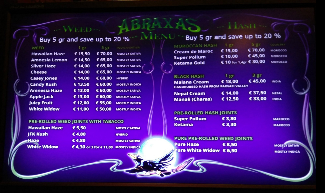 Цены в кофешопе Abraxas