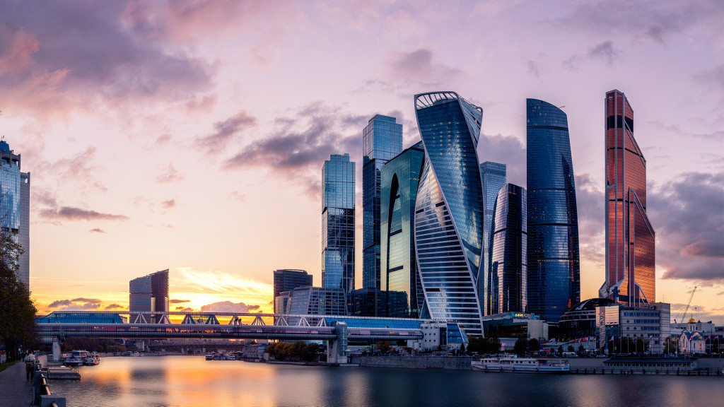 Skyscrapers of Moscow International Business Centre (also known as Moskva City) during sunset.
