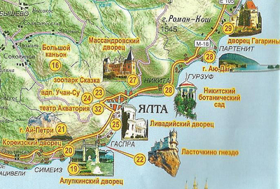 карта достопримечательностей Крыма от Алупки до Партенита