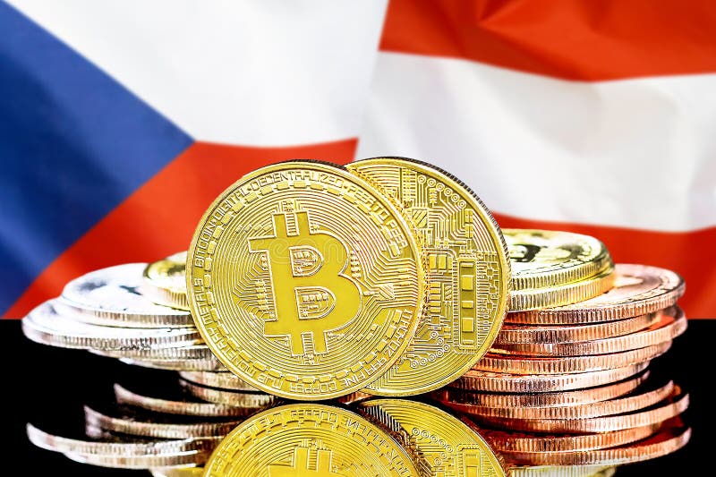 Bitcoins on Czech Republic and Austria flag background. Concept for investors in cryptocurrency and Blockchain technology in the Czech Republic and Austria royalty free stock photography