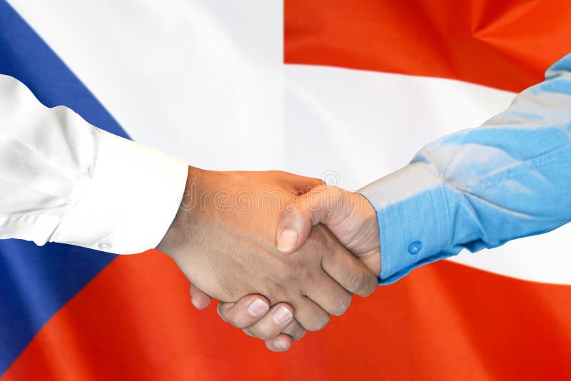 Handshake on Czech Republic and Austria flag background. Business handshake on the background of two flags. Men handshake on the background of the Czech Republic stock photography