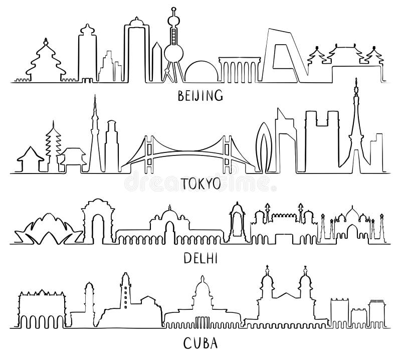 City Landmarks Beijing, Tokyo, New Delhi, Cuba royalty free illustration