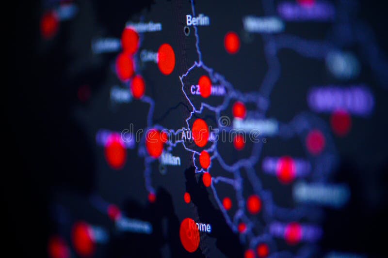 Czech Republic, Austria. Coronavirus COVID-19 global cases Map. Red Dot showing the number of infected. Johns Hopkins University. Map on monitor display. High stock photography