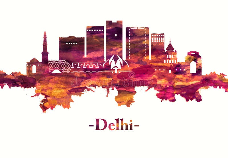 Delhi India skyline in red vector illustration