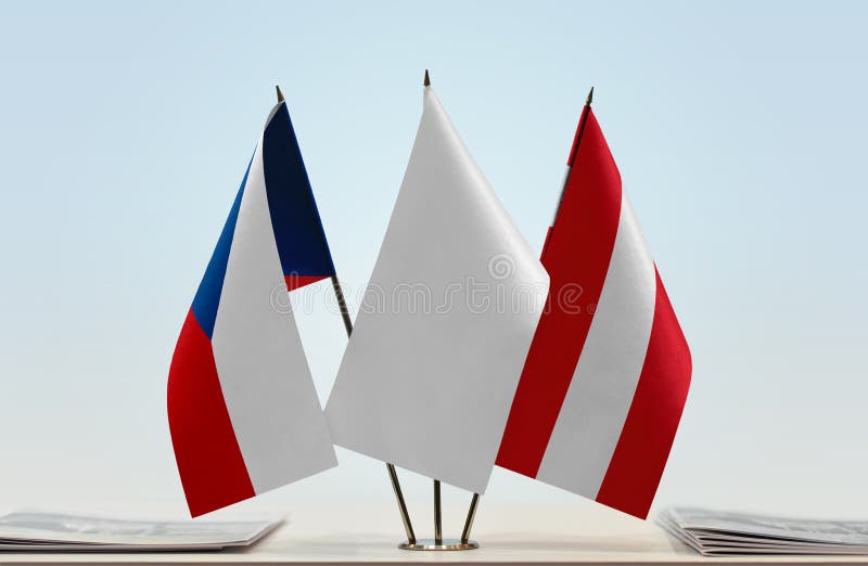 Flags of Czech Republic and Austria. Desktop flags of Czech Republic and Austria with white flag in the middle stock photography