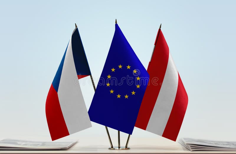 Flags of Czech Republic European Union and Austria. Desktop flags of Czech Republic European Union and Austria stock photo