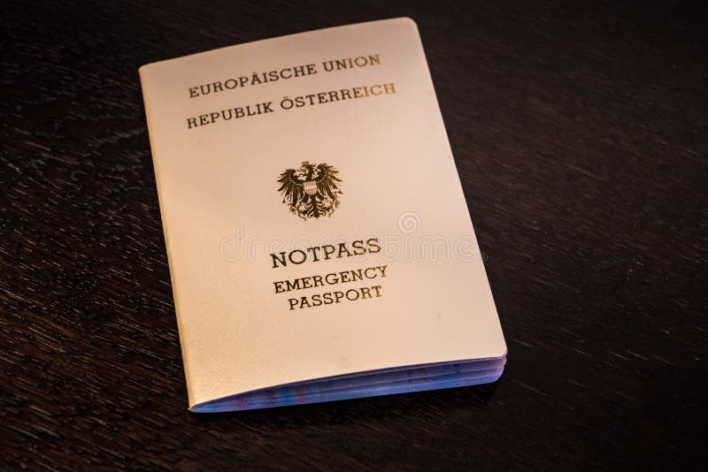 European Emergency Passport of the Republic of Austria. Cream Colored Travel Document of the EU or European Union stock photos