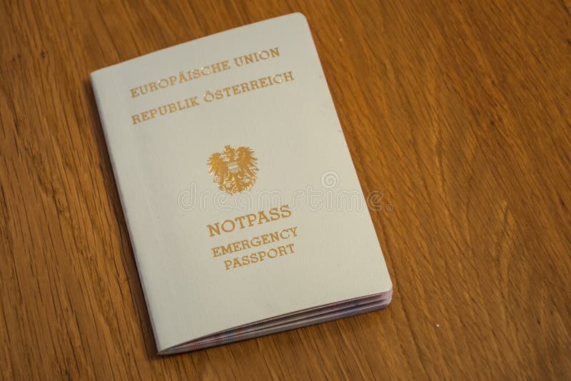 European Emergency Passport of the Republic of Austria. Cream Colored Travel Document of the EU or European Union stock image