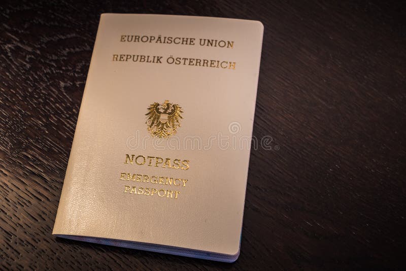 European Emergency Passport of the Republic of Austria. Cream Colored Travel Document of the EU or European Union royalty free stock image