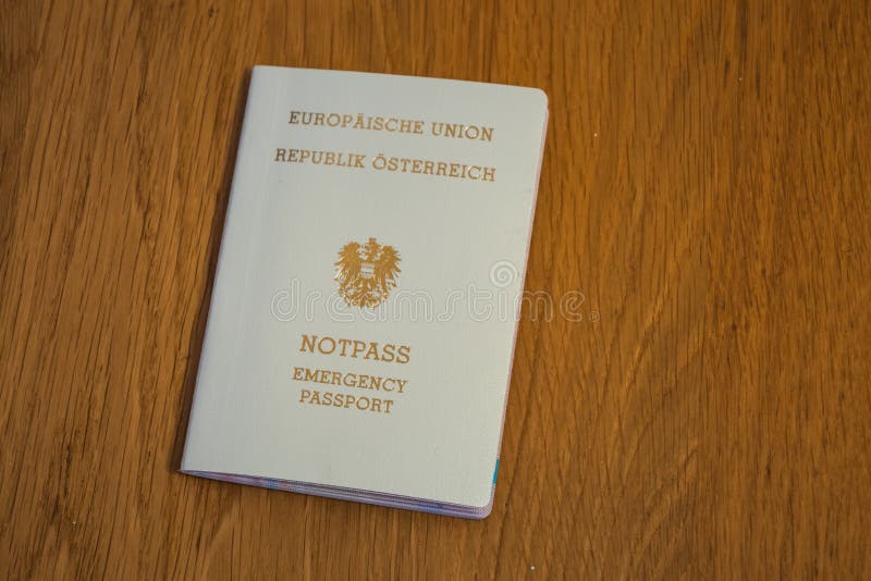 European Emergency Passport of the Republic of Austria. Cream Colored Travel Document of the EU or European Union royalty free stock photos