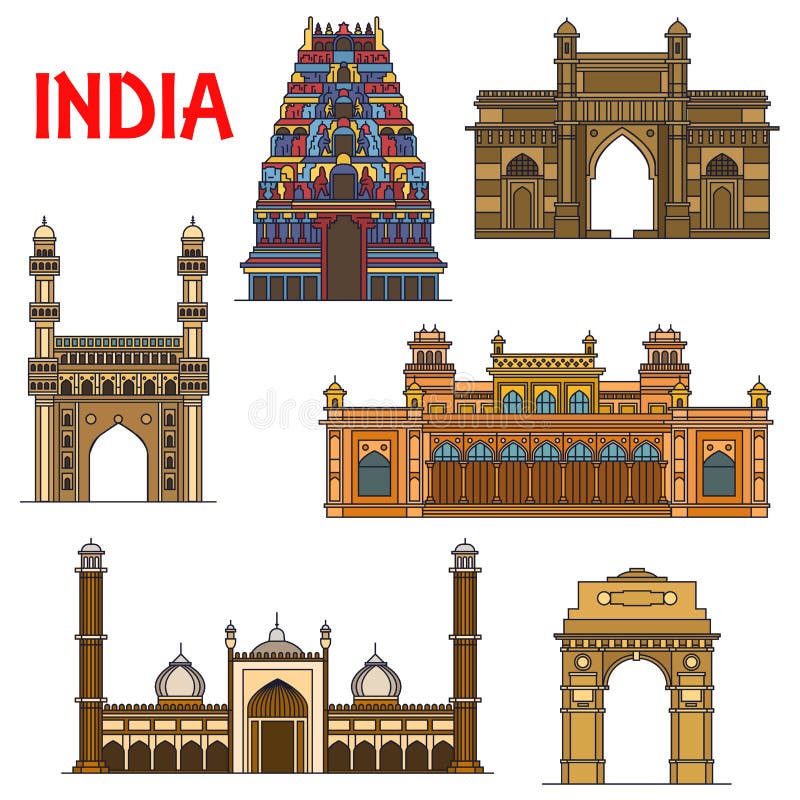 Indian travel landmarks thin line icon stock illustration