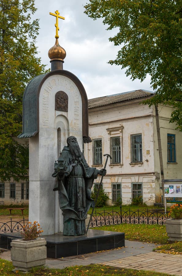 Kalyazin, Tver region, Russia, September 20, 2018: Monument to illustrious Makarii of Kalyazin saint, founder of town Kalyazin stock image