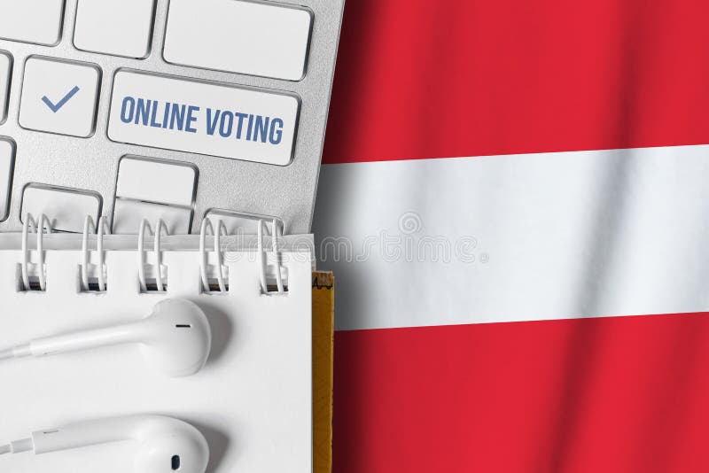 Online voting concept in Republic of Austria. Keyboard near country flag.  stock photo