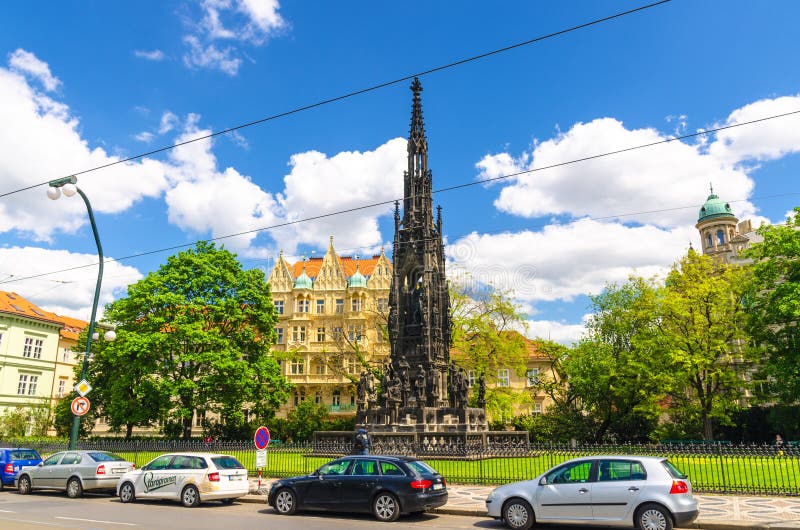 Prague, Czech Republic, May 13, 2019: Kranner Fountain neo-gothic monument to Emperor Francis I of Austria. In Park of National Awakening in Old Town historical stock photography