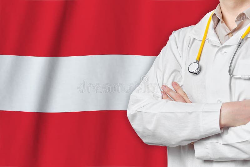 Republic of Austria healthcare concept with doctor on flag background. Medical insurance, work or study in the country.  stock images