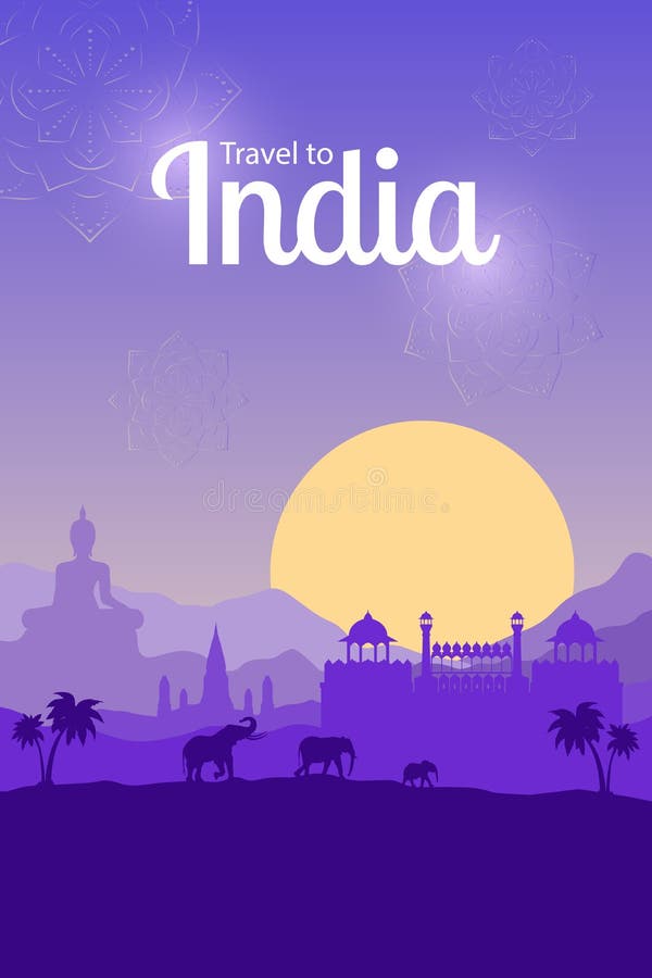 Travel to Delhi, India and Asia. Mountain sunset landscape with architectural landmarks, Buddha, elephants and palm tree. Concept stock illustration