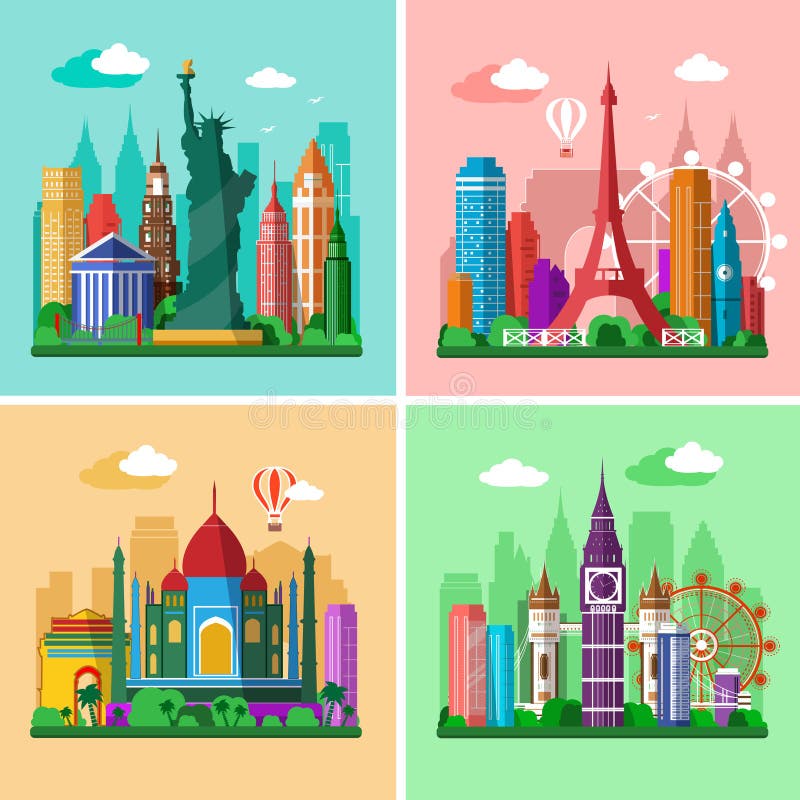 Traveling around the world. Cities skylines set. Flat landscapes of London, Paris, New York and Delhi with landmarks stock illustration