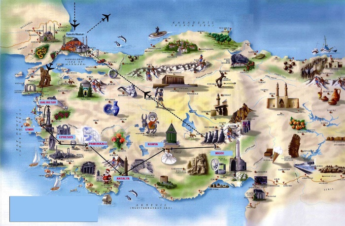 Карта Турции на русском языке географическая крупная. Города, курорты, отели, граница с государствами