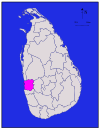 Area map of Gampaha District, extending inwards from the west by south west coast in a rough square shape, in the Western Province of Sri Lanka