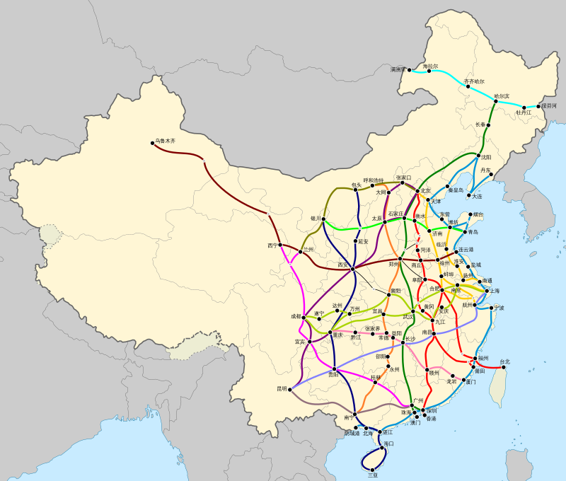 Железнодорожная карта Китая на сентябрь 2014 года : Синие - высокоскоростные линии со скоростью движения более 300 км/ч; Зелёные - высокоскоростные линии со скоростью движения 200 - 300 км/ч; Красные - линии, улучшенные для движения высокоскоростных поездов Черные - прочие линии, не допускающие высокоскоростного движения
