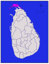 Area map of Jaffna District, in the peninsula to the north, in the Northern Province of Sri Lanka