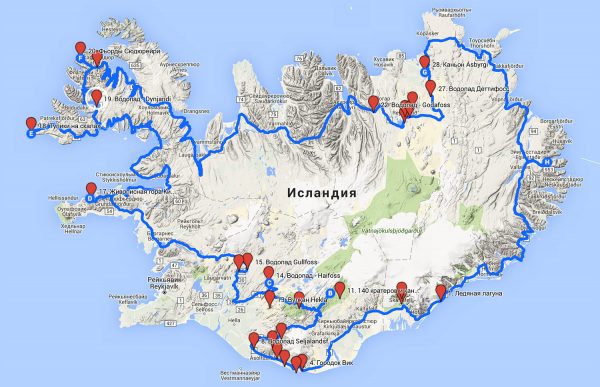 Карта Исландии с вариантом маршрута вокруг острова