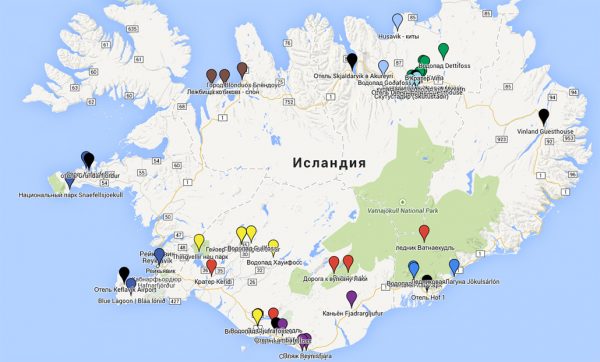 Основные достопримечательности Исландии на карте